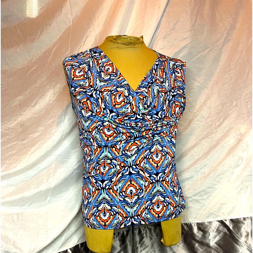 Jennie & Marlis Drape Neck Sleeveless Multicolored Top Shirt Shell Blouse Sz lrg